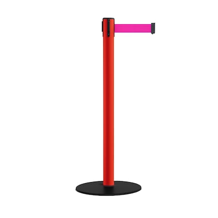 Retractable Belt Stanchion, Low Base, 2.5 Red Post  9' Fl.Pnk Belt